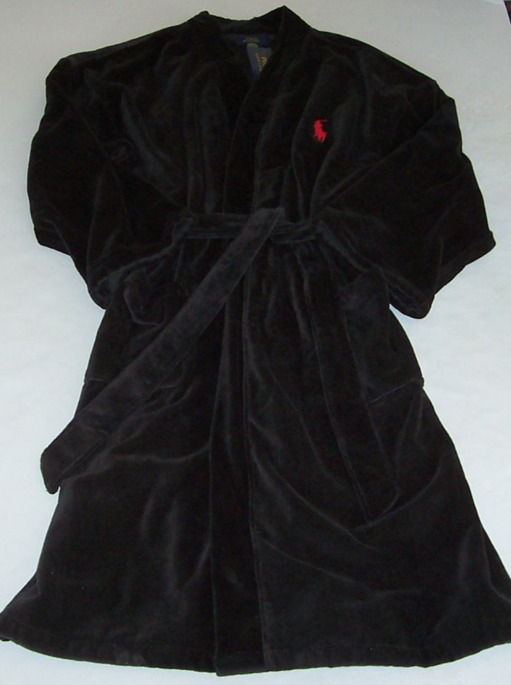 NWT Polo Ralph Lauren SOLID BLACK Cotton Velour 48″ Robe Men’s L/XL RED PONY