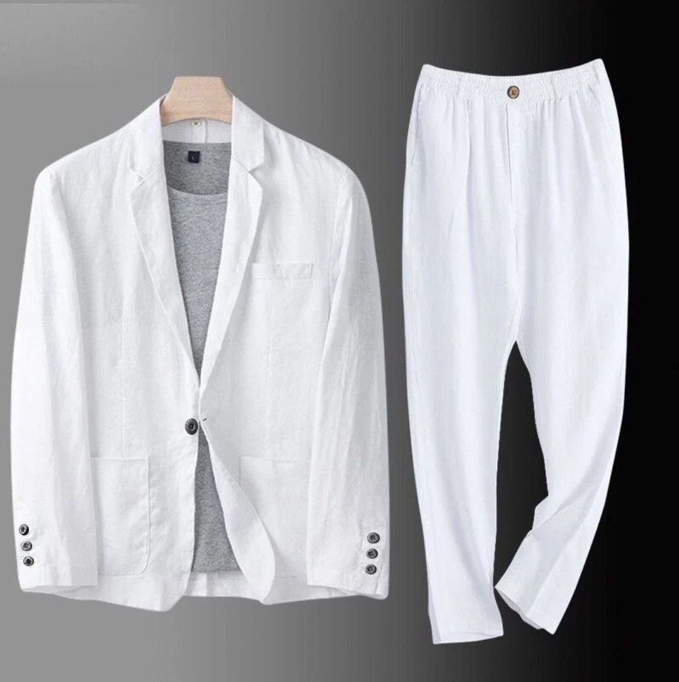 Share 2 Pc Men Two Button Suit Summer Linen Causal Blazer Pants Coat Beach