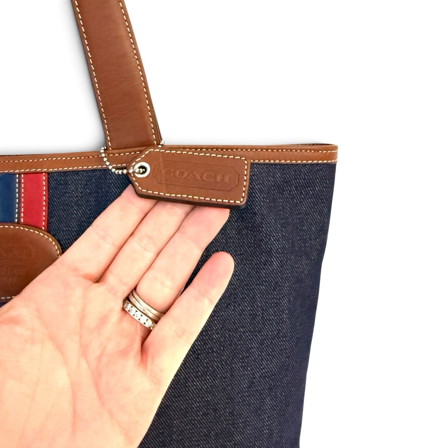 Vintage Coach 2003 Varsity Stripe Denim Leather City Tote Bag | Excellent