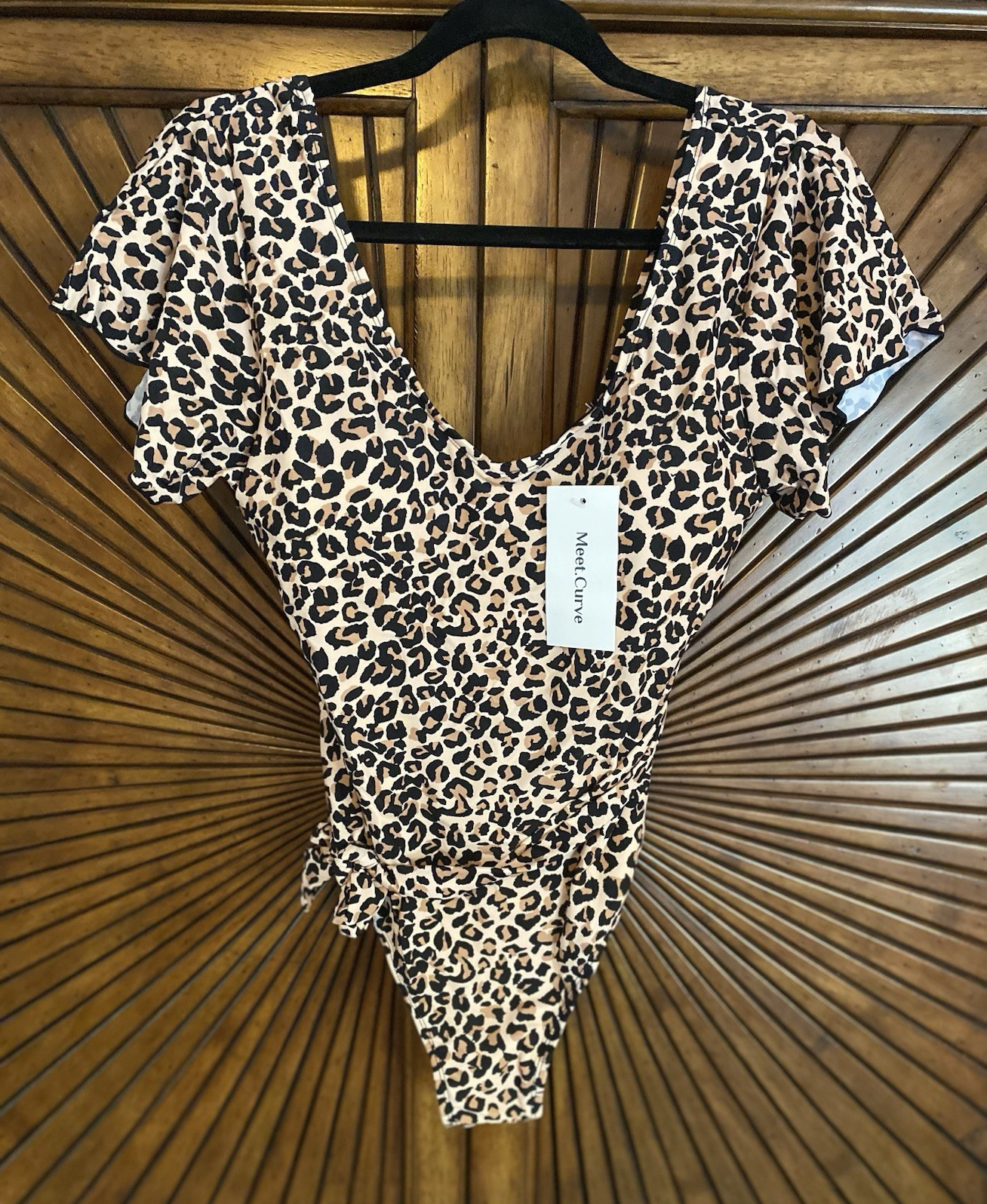 NWT Meet.Curve Leopard Print One-Piece Swimsuit, Size L, Ruffle Sleeve, Lined