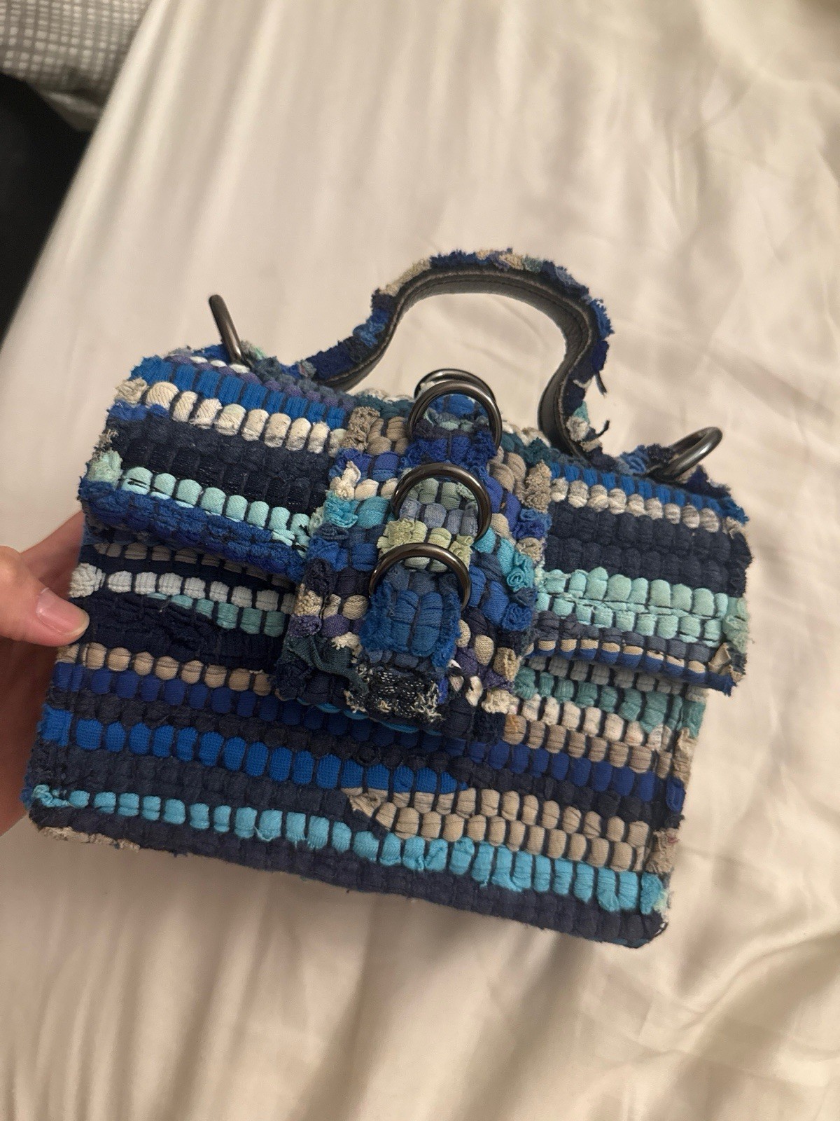 KOORELOO Upcycled Blue Multicolor Woven Top-Handle Bag