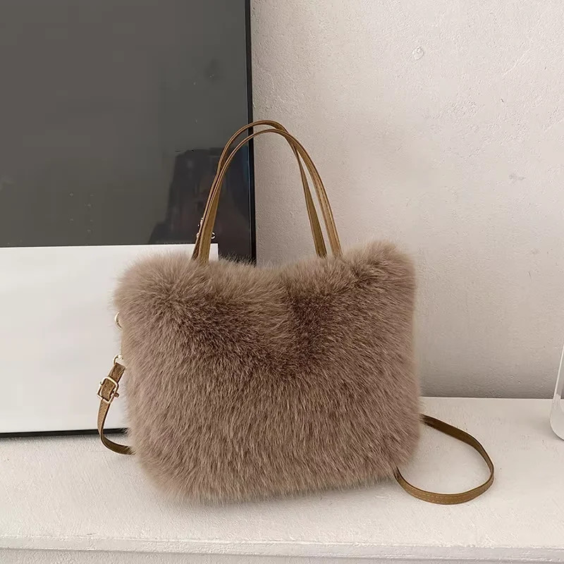 Faux Fur Tote Bag Women’s Bucket Plush Luxury Design Ladies Handbags
