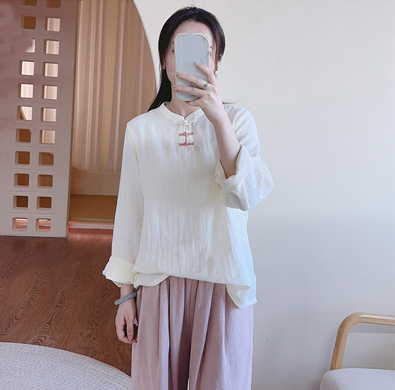 Spring Chinese Style Womens Casual Tops Blouse Loose Long Sleeve Pullover Shirts