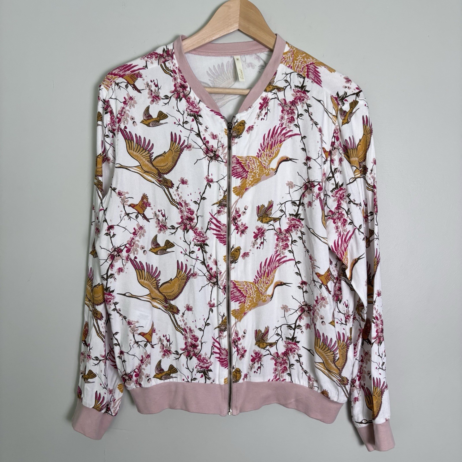 Asian Crane Bird Print Bomber Jacket Pink/Ivory Floral Full Zip-Women’s Size M
