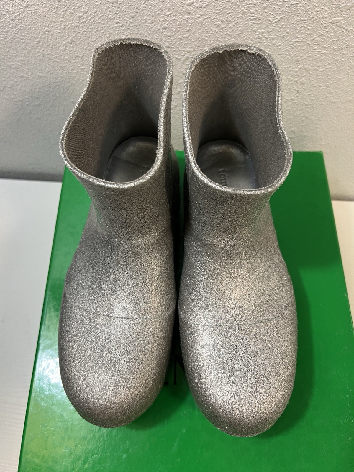 Bottega Veneta Puddle Boots 38 Icon Rainboots Silver Glitter Platform PVC Rubber