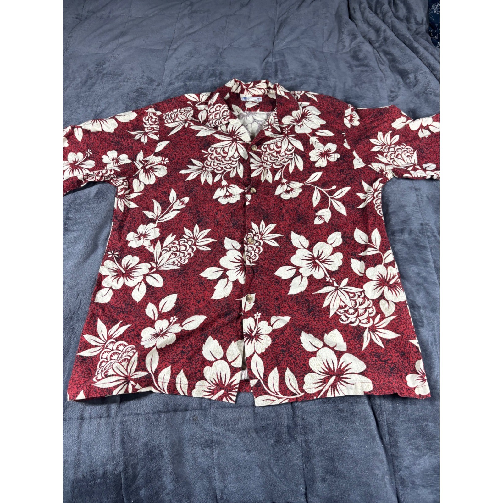 Hawaii Mens Vintage Tropical Hibiscus Pineapple Aloha Shirt Red Cotton Large