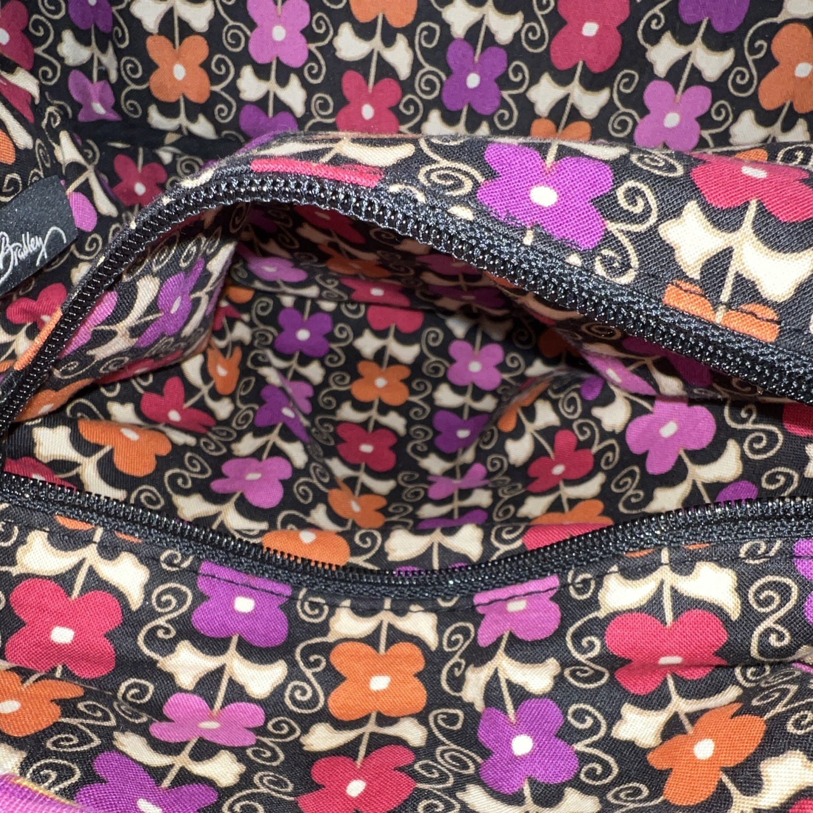 Vera Bradley Large Floral Shoulder Bag Black Multicolor Lined Inner Pockets Zip