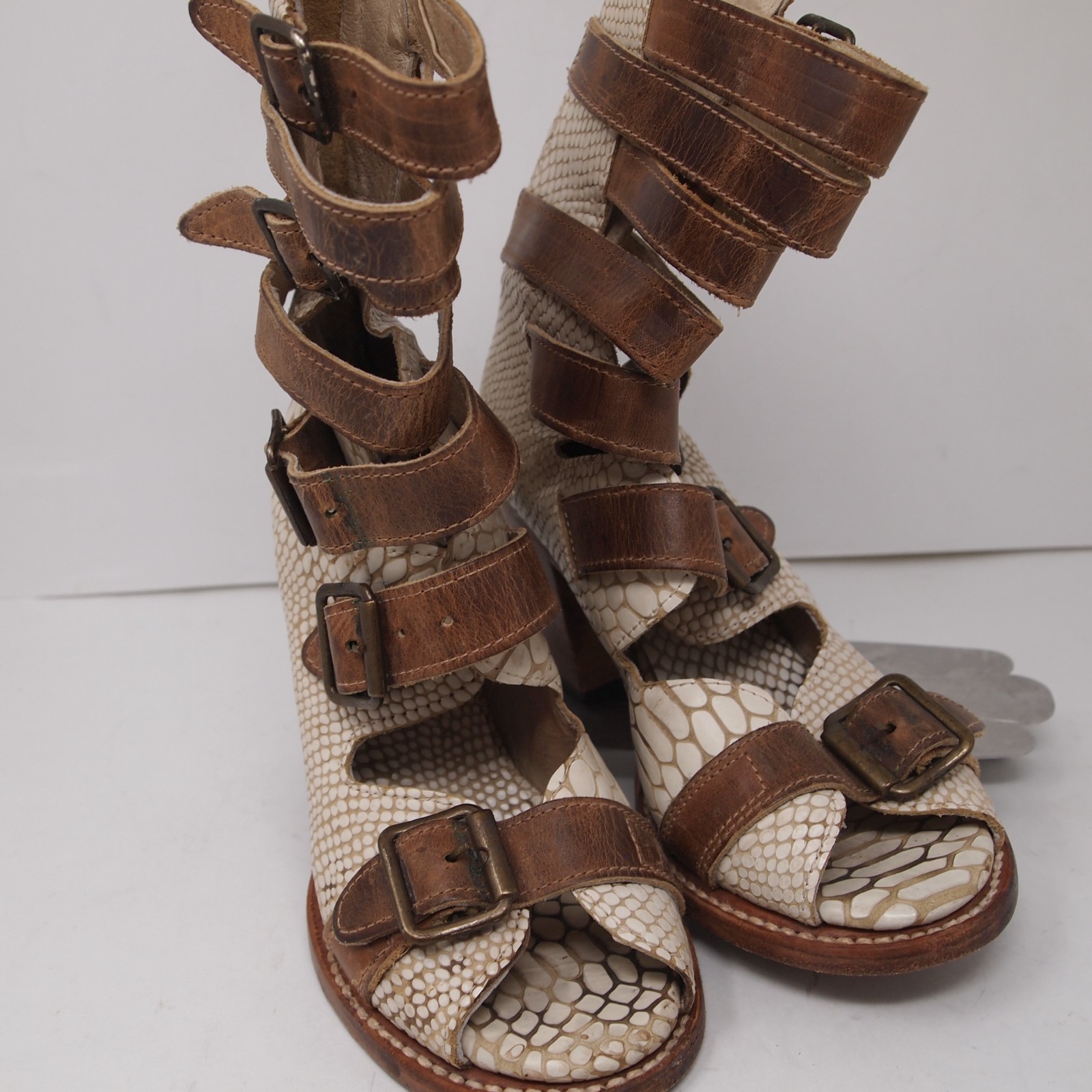 Freebird Steven BOND Womens 7 Leather Block Heel Gladiator Sandals Boots Snake