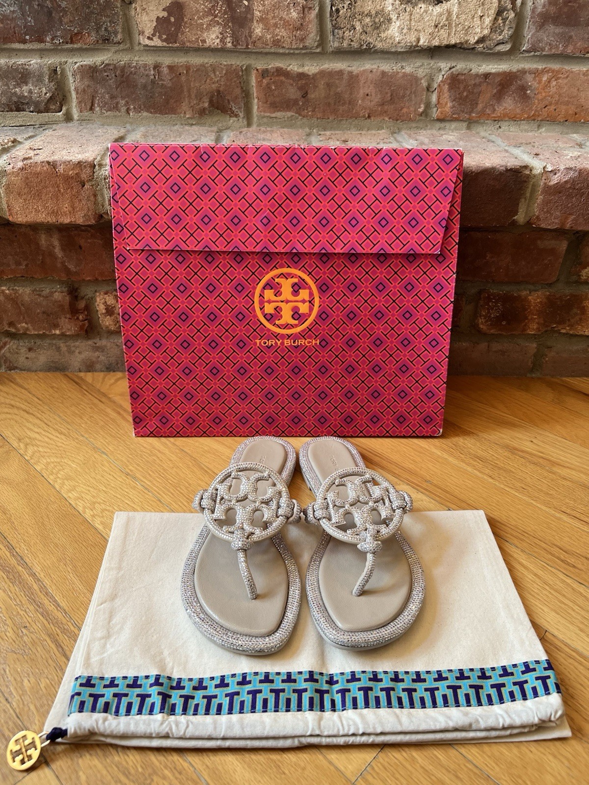 Tory Burch Stone Gray Miller Pavé Crystal Knotted Sandals