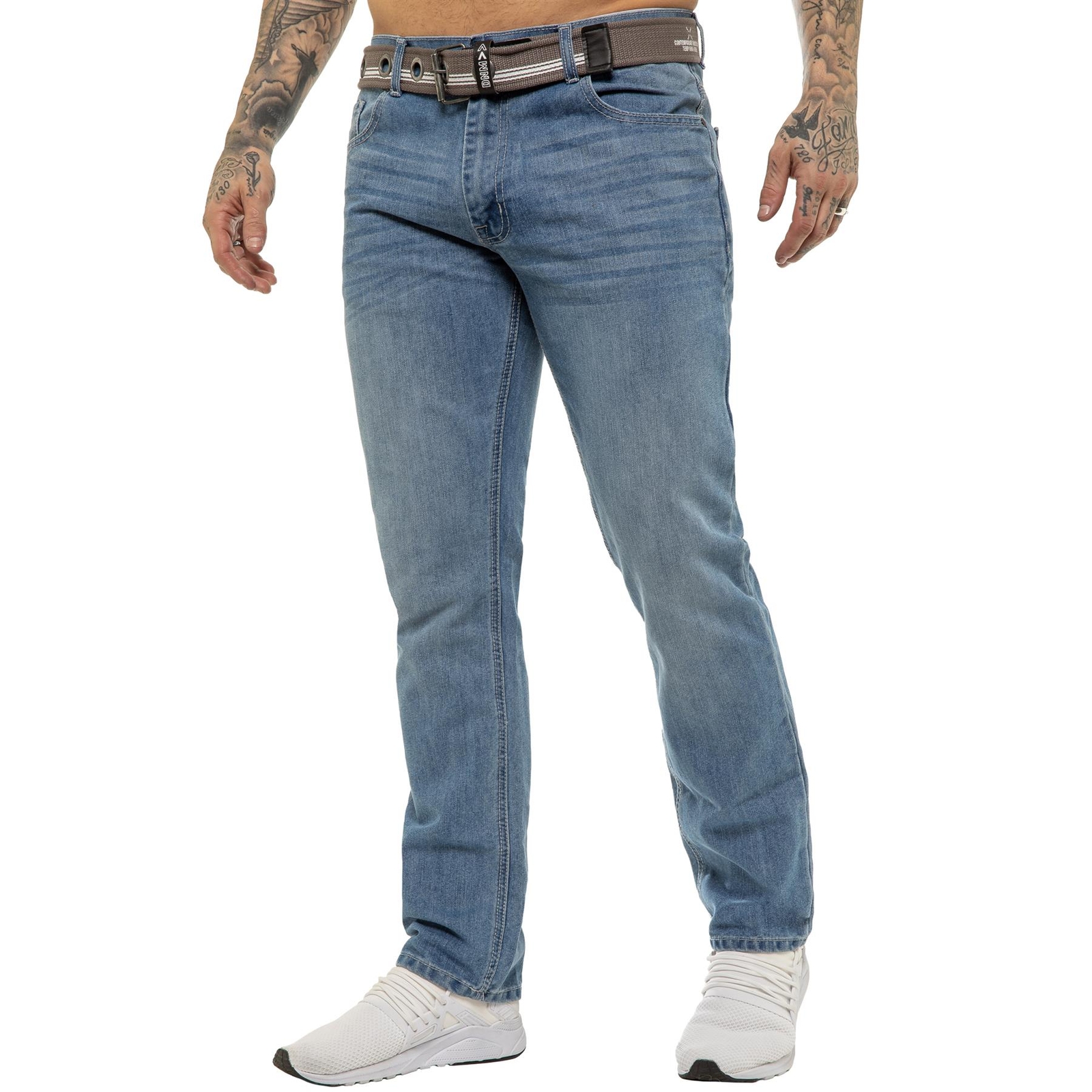 Enzo Jeans Mens Straight Leg Denim Trouser Belted Regular Fit Pants All UK Sizes