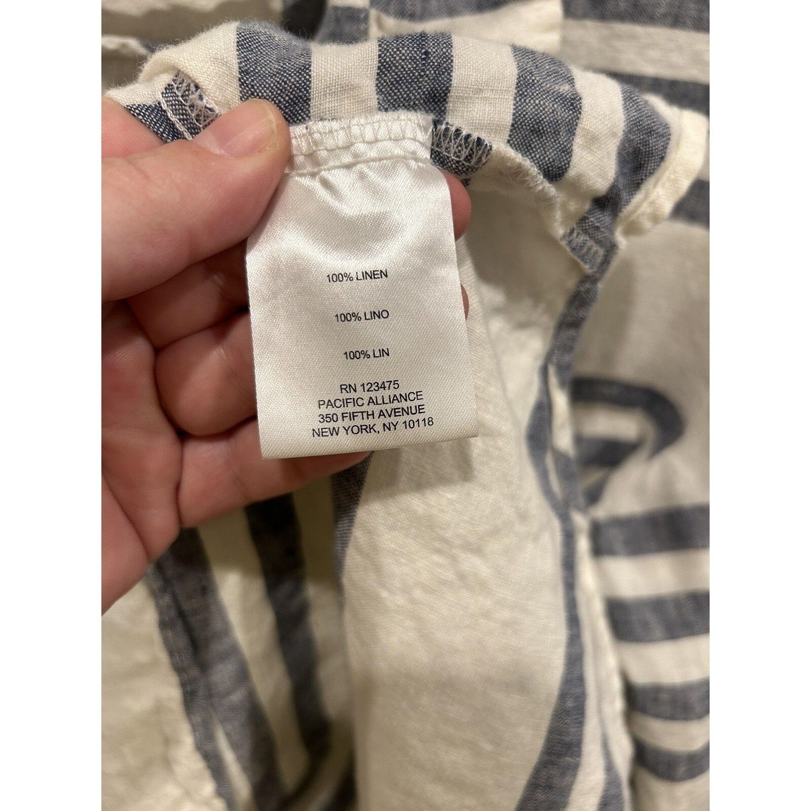 Ellen Tracy Womens Large 100% Linen Striped Roll Tab Sleeve Henley Top Coastal