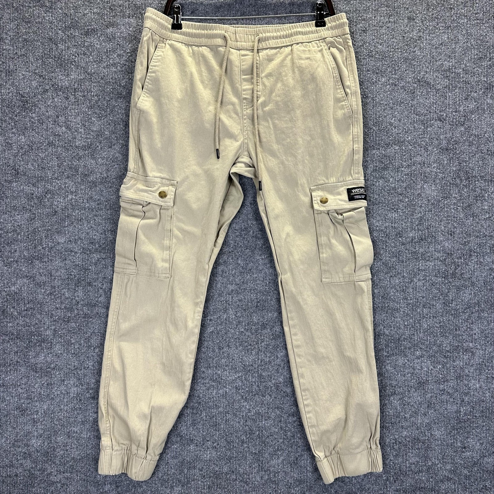 WeSC Cargo Jogger Pants Mens 34×28 Beige Slim Utility Elastic Waist Cuffed