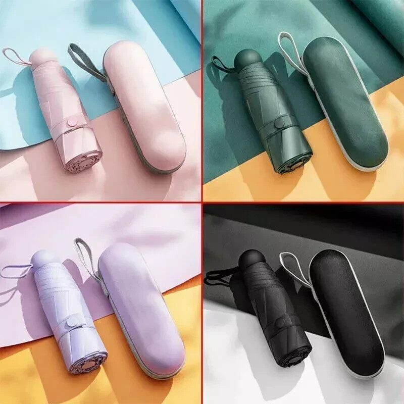 Mini Pocket Compact Umbrella Sun Anti UV 5 Folding Rain Windproof + Carry Case-
