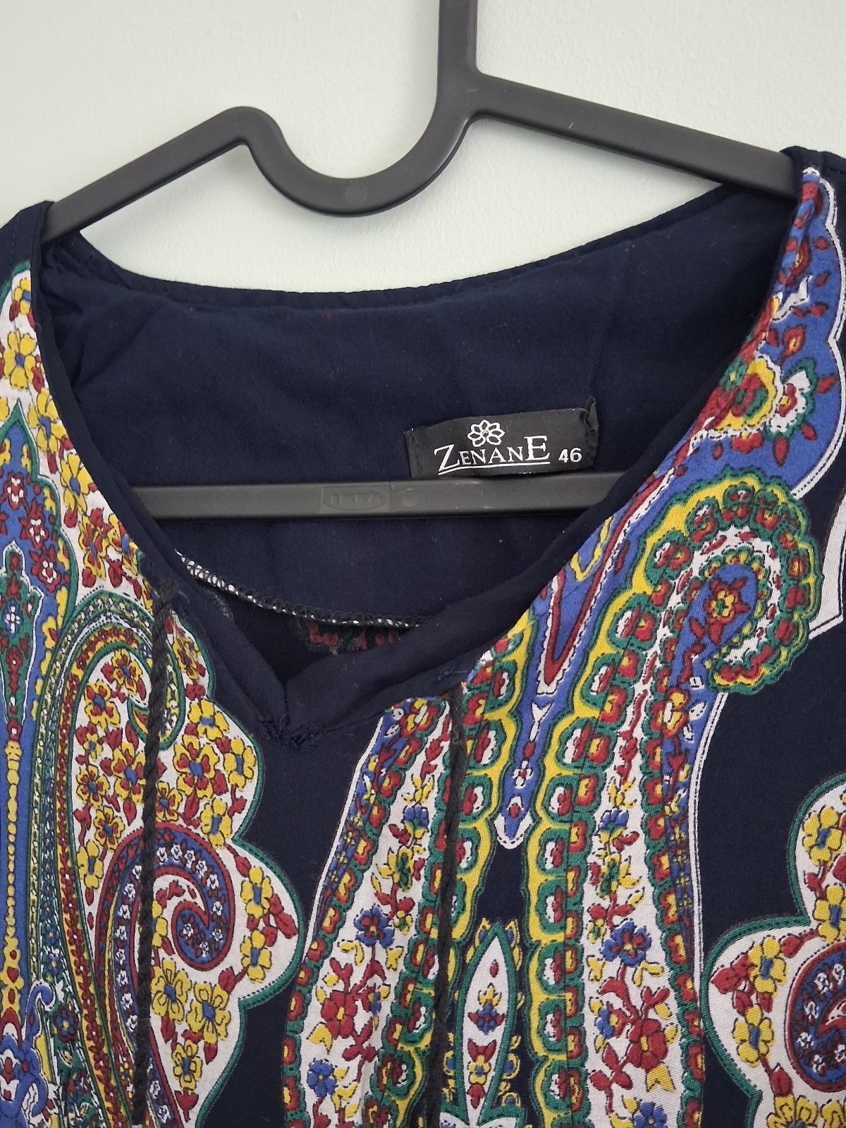 colourful blue/multi colour long maxi modern dress, house dress in size 46