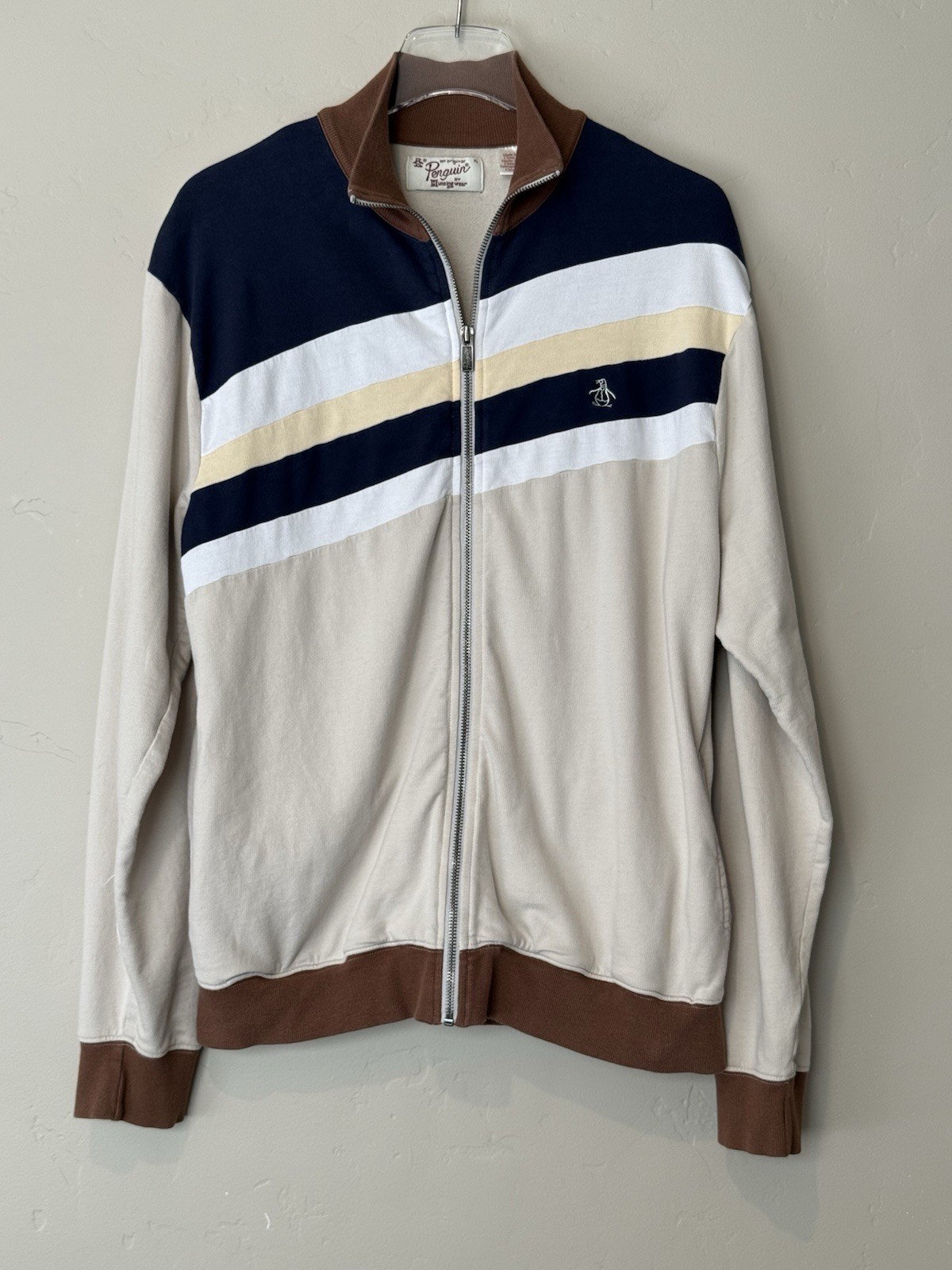 Original Penguin Jacket Mens XL Beige Navy Stripe Full Zip Track Colorblock