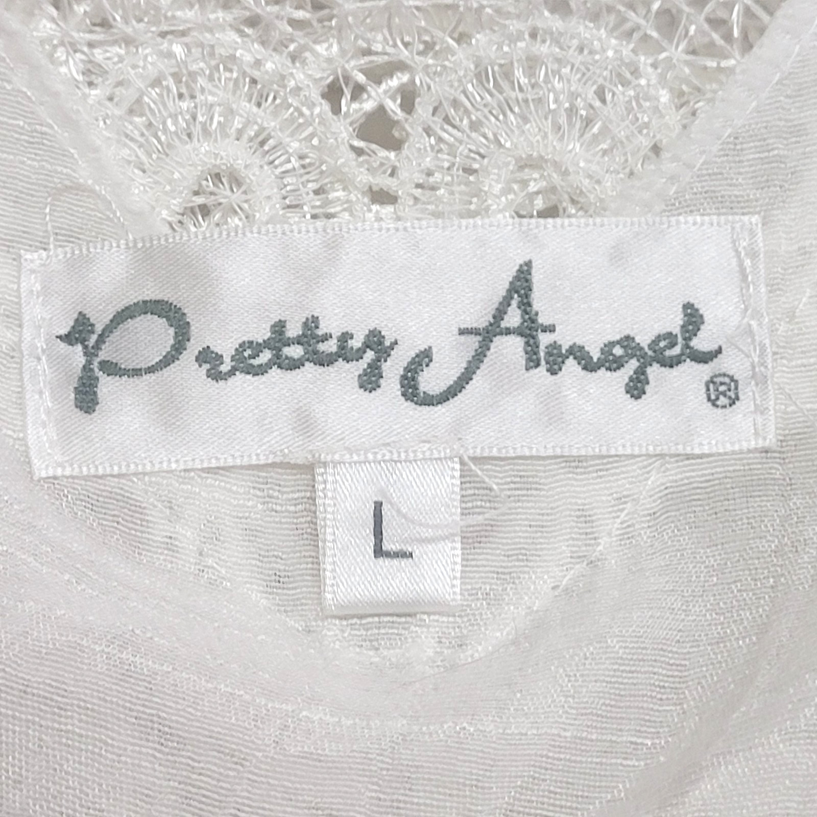 Pretty Angel White Crochet Trim Blouse L Pearl Embellished Scoop Neck Sheer Top