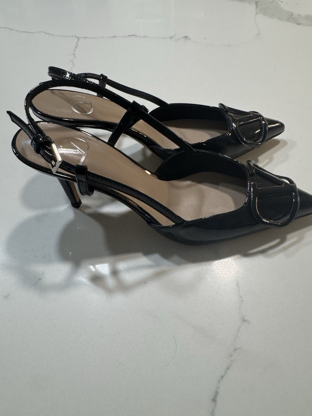 Valentino Black Leather Slingback Stiletto Pointed Toe Women’s Heels Logo Accent