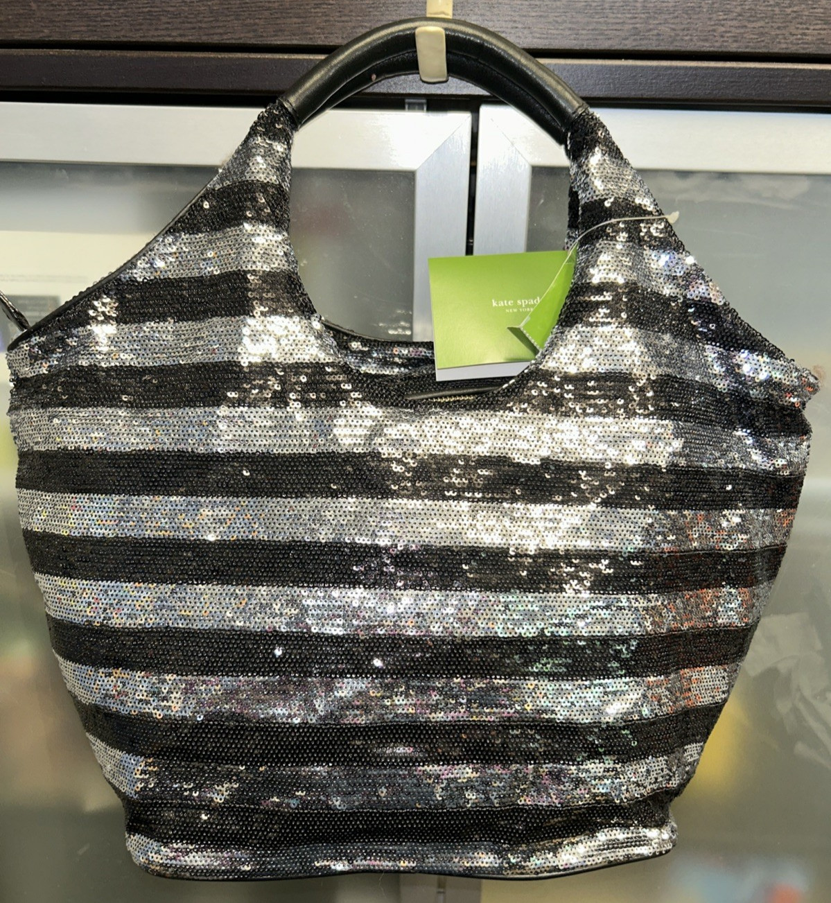 Kate Spade Night Sky Handbag LG NWT Vintage Black Silver Sequins Striped Bowtie