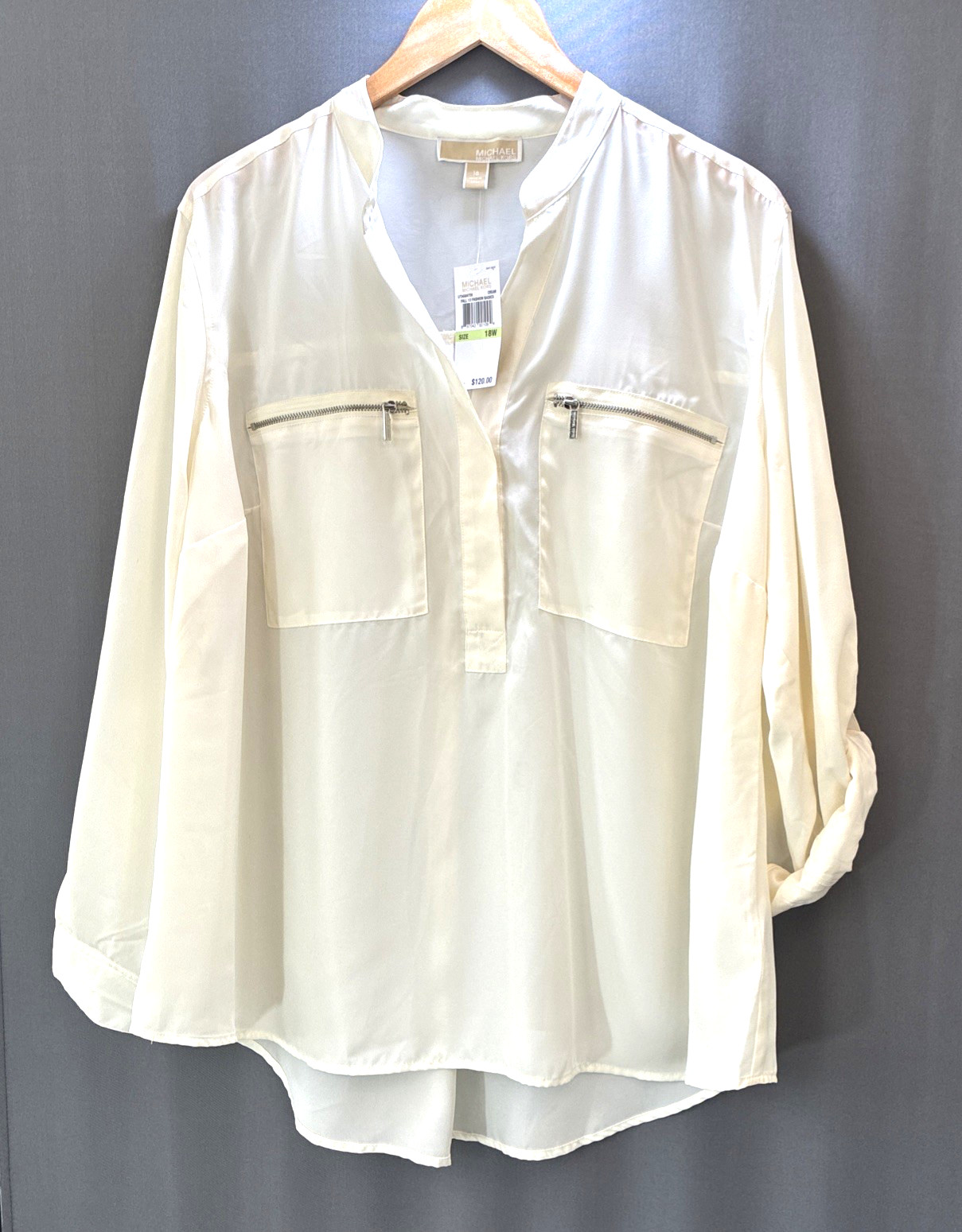 Michael Kors Sheer Top Blouse Sz 18W Cream Ivory Zip Pocket Roll Tab Minimalist