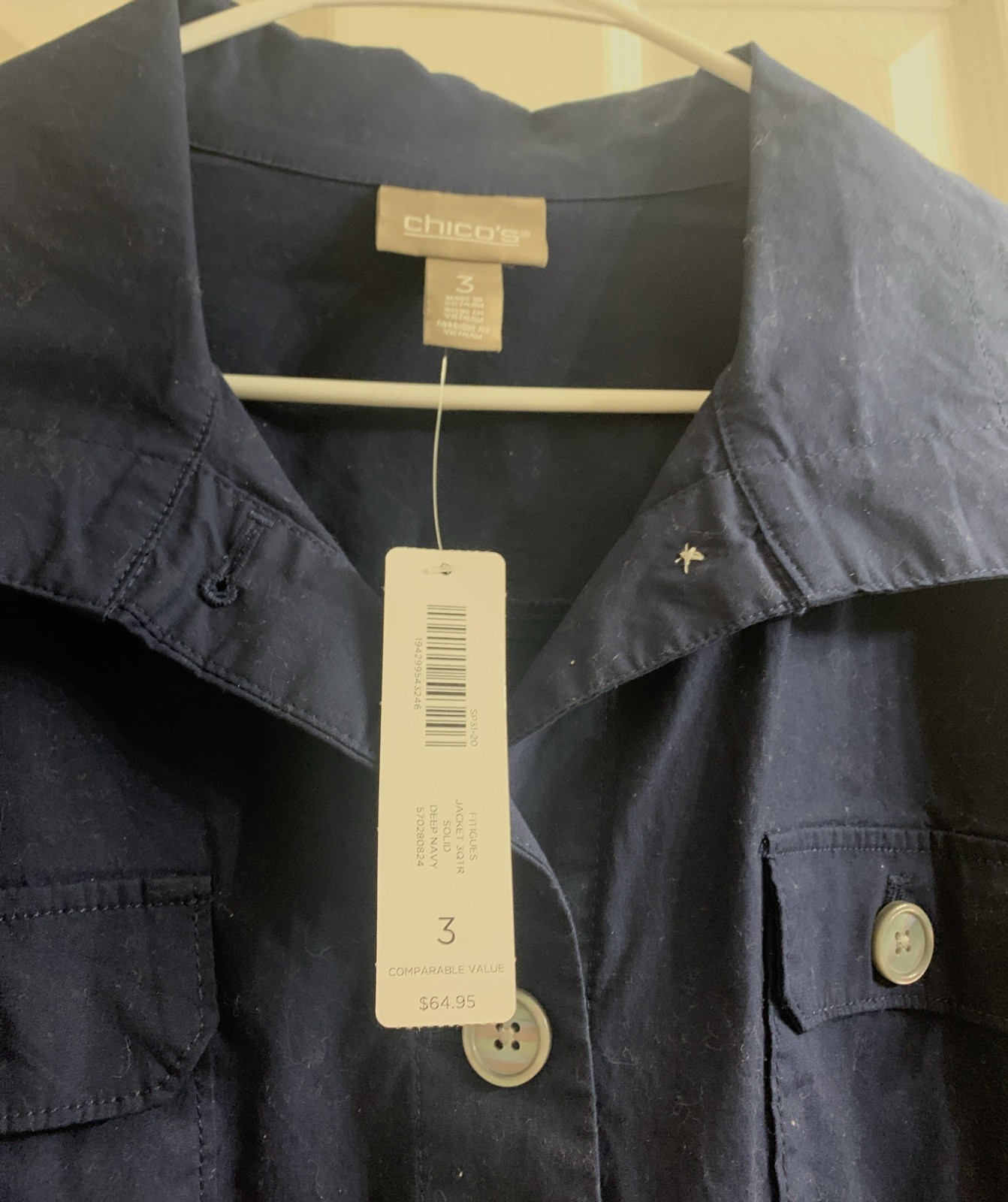 CHICO’S NWT JACKET 3QTR SOLID DEEP NAVY BUTTON FRONT W/POCKETS
