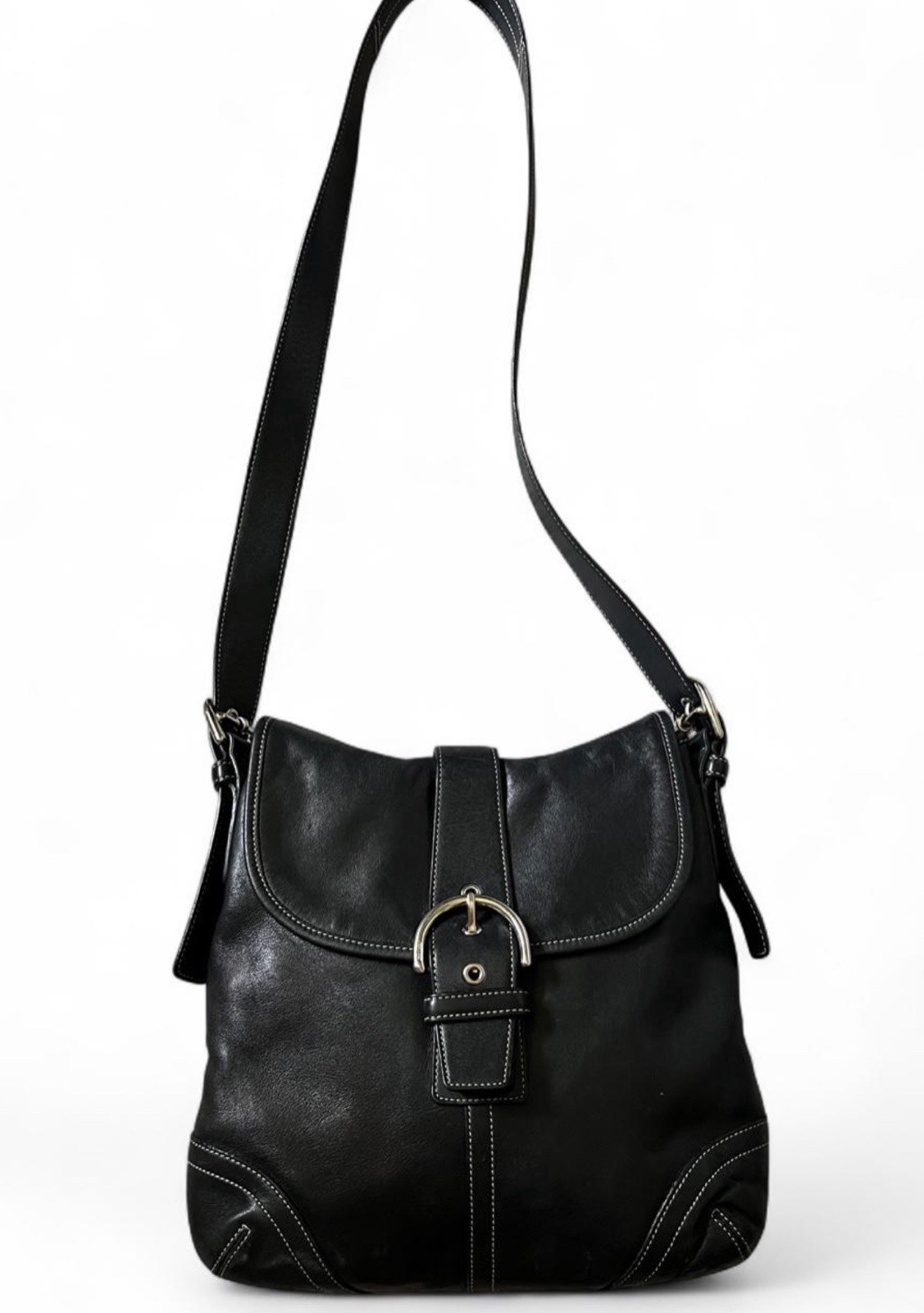 Coach Black Signature Shoulder Bag, Buckle & Magnetic Snap, Silver Hardware