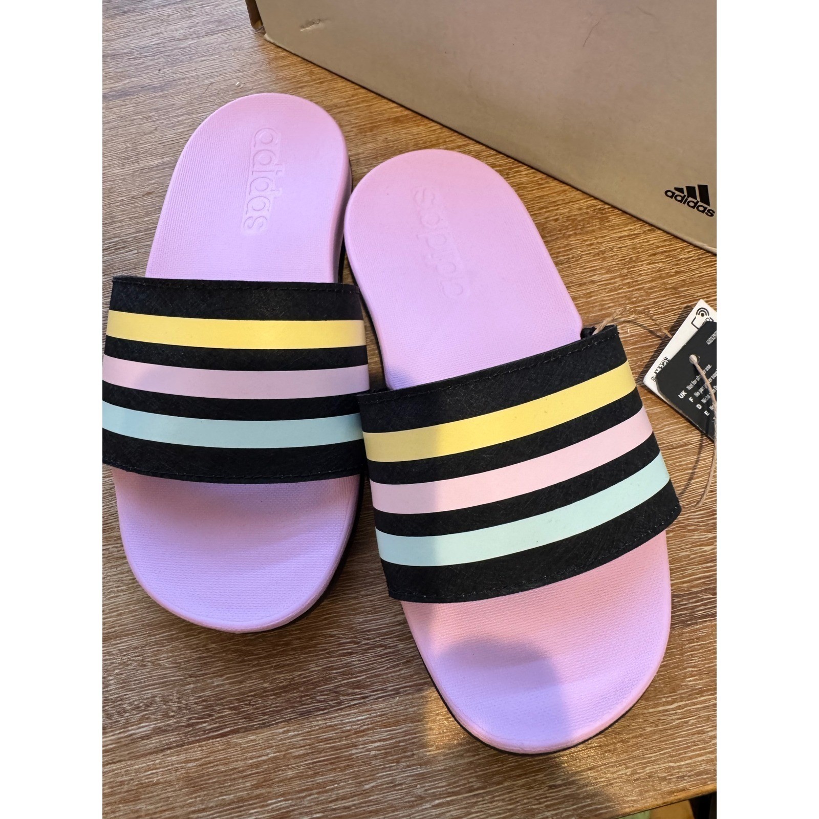 Kids Adidas Adilette Shower Slides Purple Pink Yellow Black Stripe Size 11K