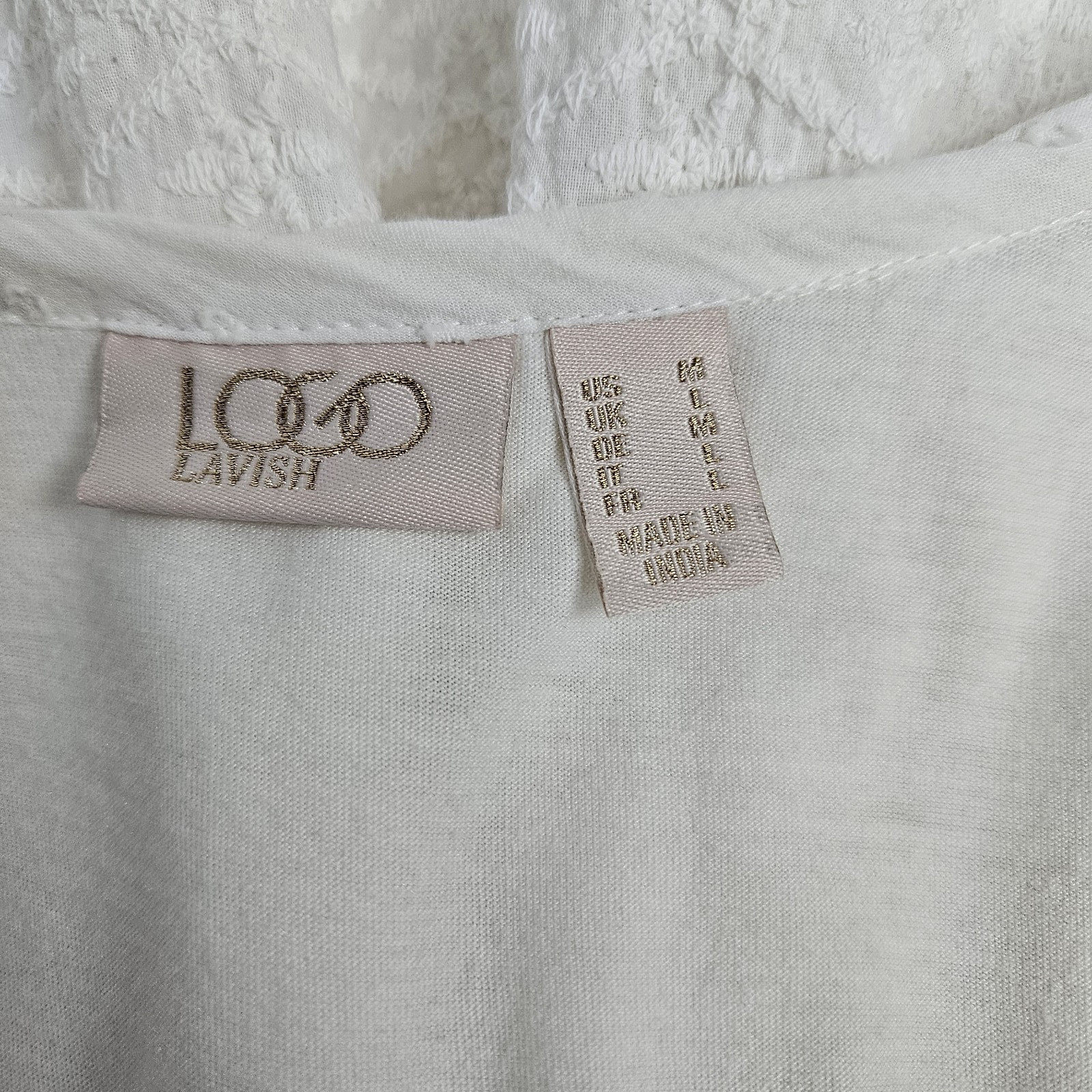 LOGO Lavish Womens Off White Top M 3/4 Sleeves Eyelet Lace Ivory Button