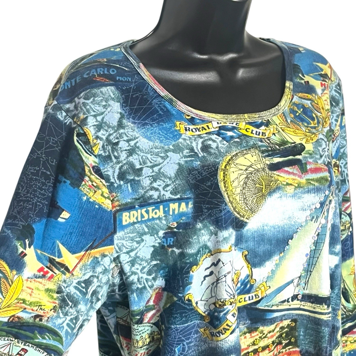 VINTAGE RETRO Y2K NAUTICAL TOP T SHIRT LONG SLEEVE ALL OVER SAILING PRINT SIZE L
