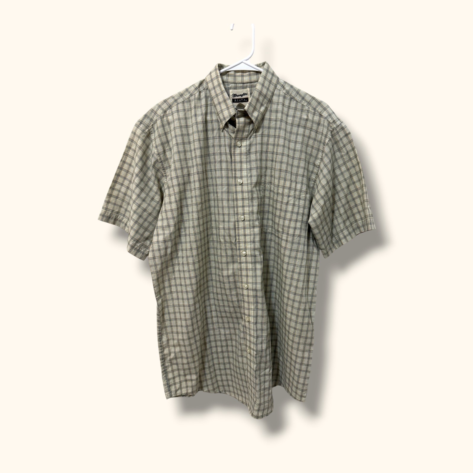 Wrangler Shirt Mens LT Short Sleeve Button Down Plaid Riata Beige Tan Classic