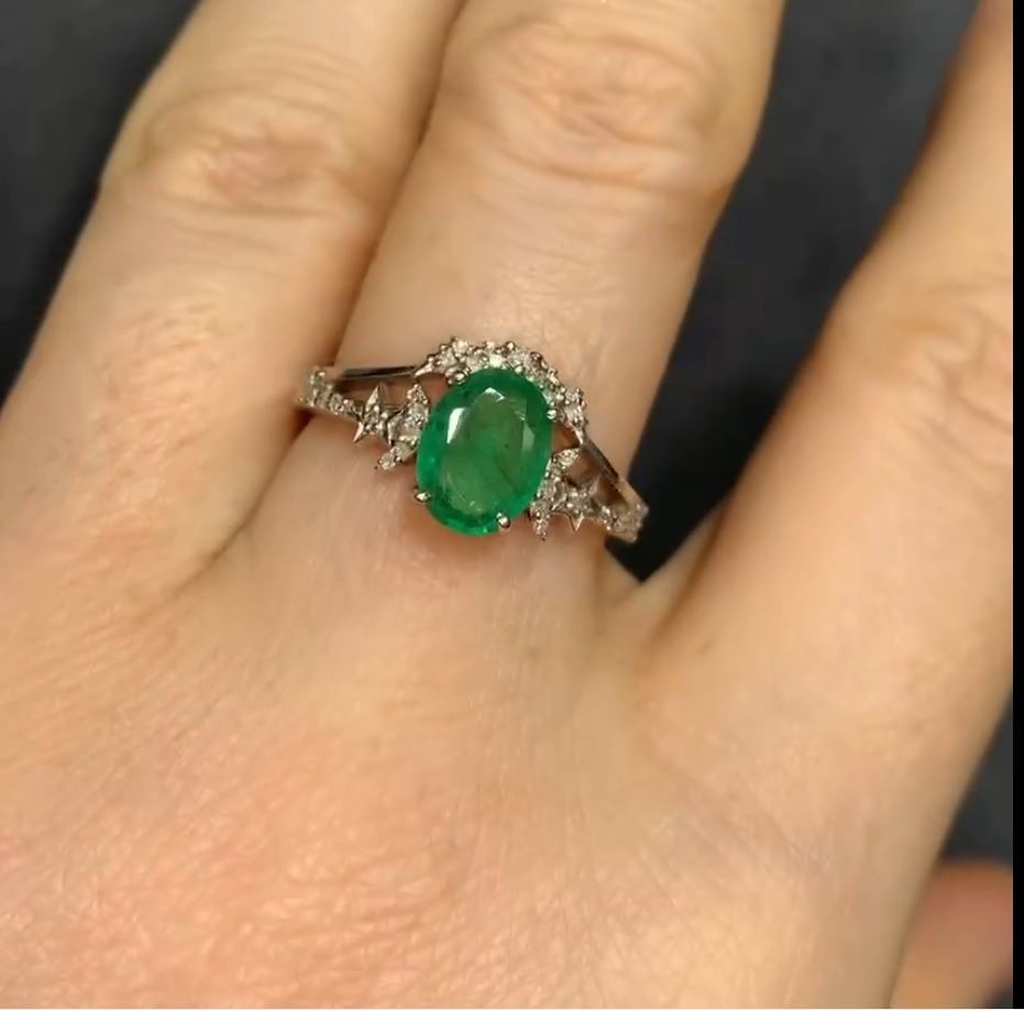 Natural Emerald Ring, Diamond Halo Ring, 925 Sterling Silver Ring, Handmade I