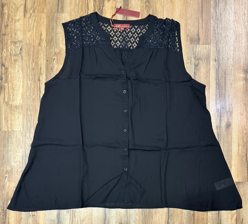 Araza NWT Black Sleeveless Button Down Top Plus Size 3x Lightweight Loose Fit