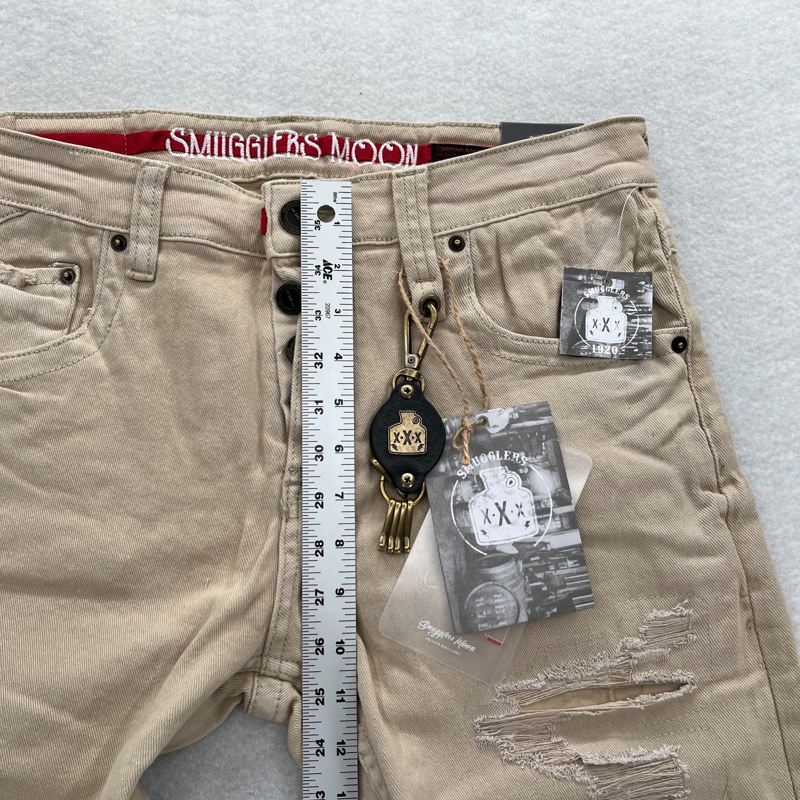 Smugglers Moon Jeans Mens 34×32 Khaki Beige Denim Button Fly Roll Up Distressed