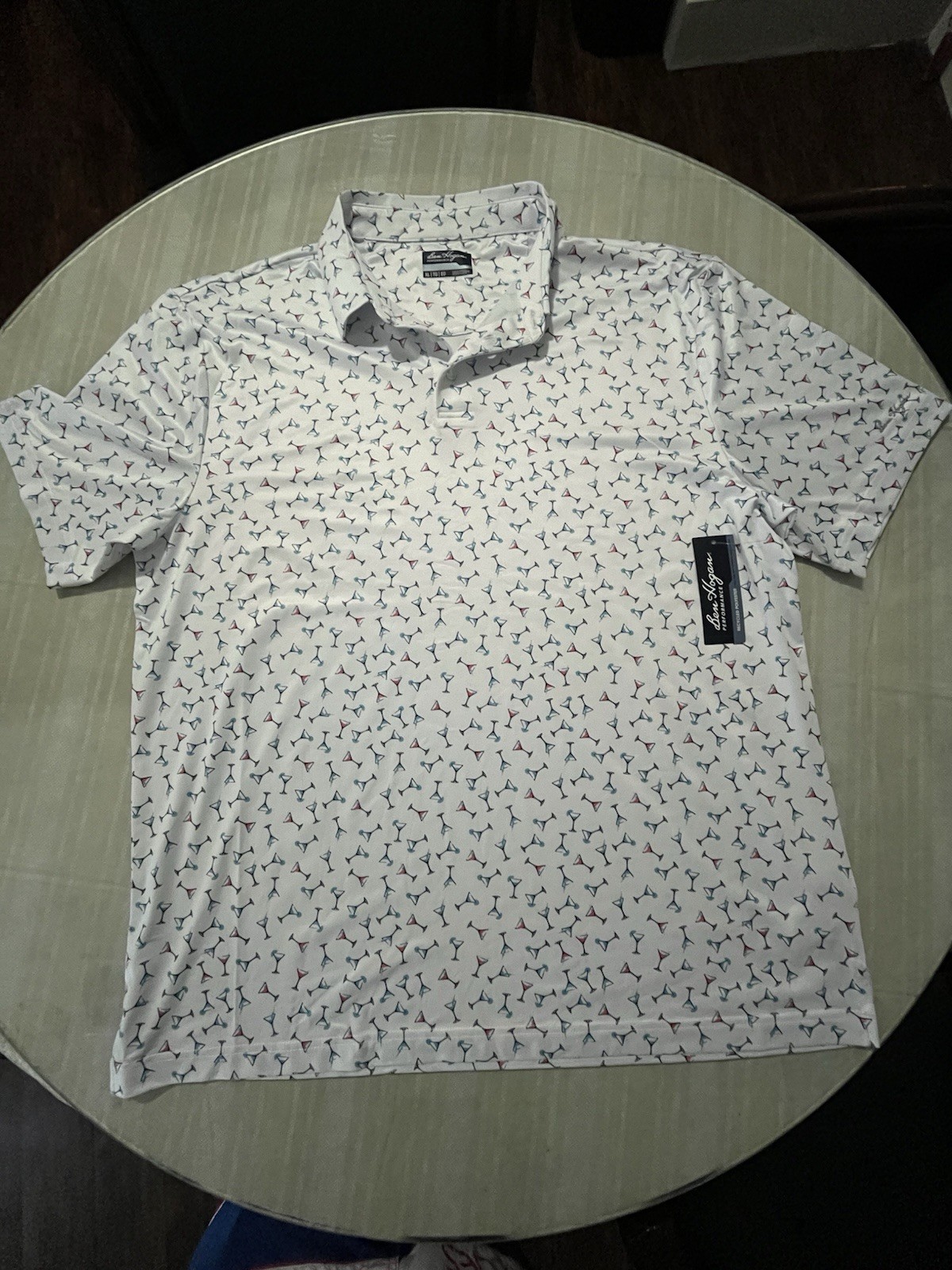 John Ashford Men’s M White Martini Glass Print Short Sleeve Polo, Buttons