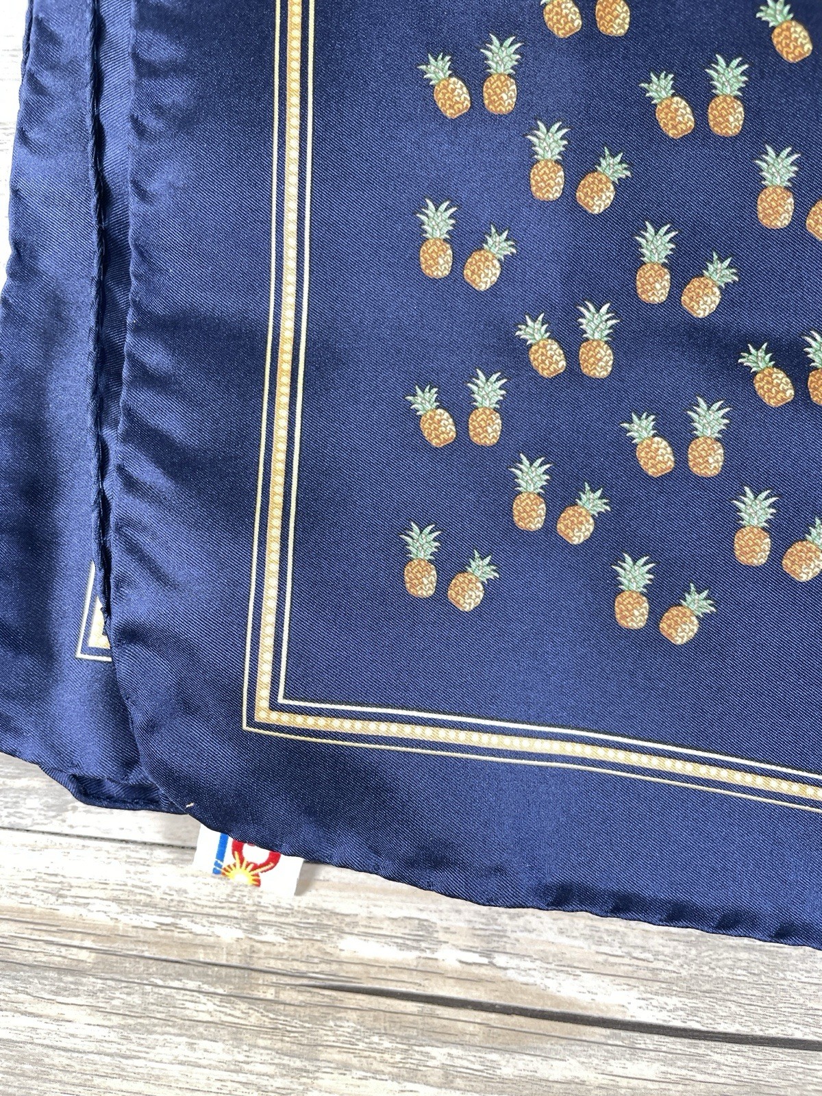 Vtg Dole Pineapple Silk Scarf Navy Blue Tropical Pineapples Square 34×35″ Italy
