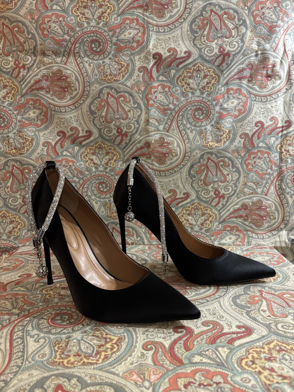 Jessica Simpson Women’s Black Satin Pointed Toe Stiletto Pumps Rhinestone Strap
