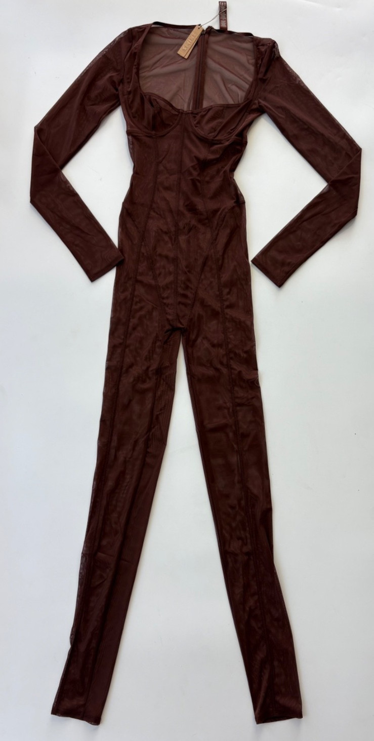 SKIMS ultra fine Sculpt Mesh Long Sleeve Catsuit Bodysuit Espresso Brown XXS NWT