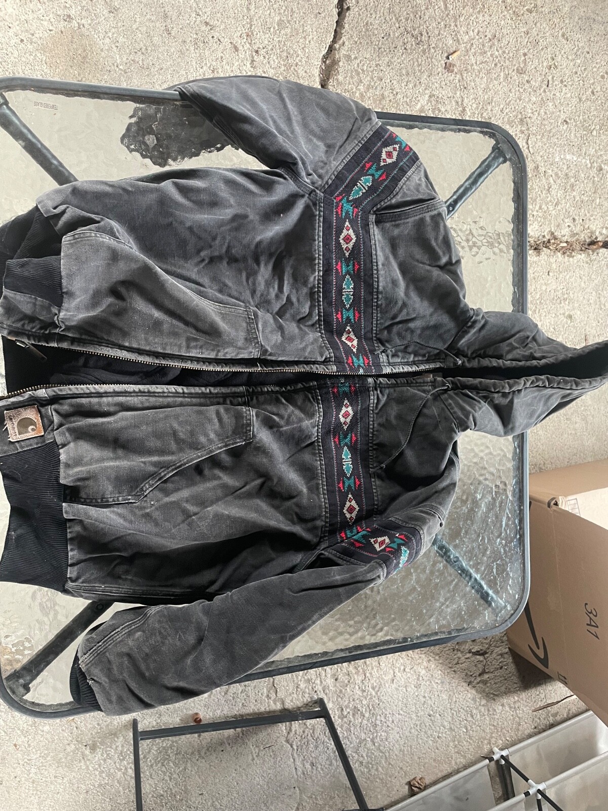 Vintage Carhartt Southwest Aztec Hooded Jacket JR0005 Black/Grey Distressed sz M