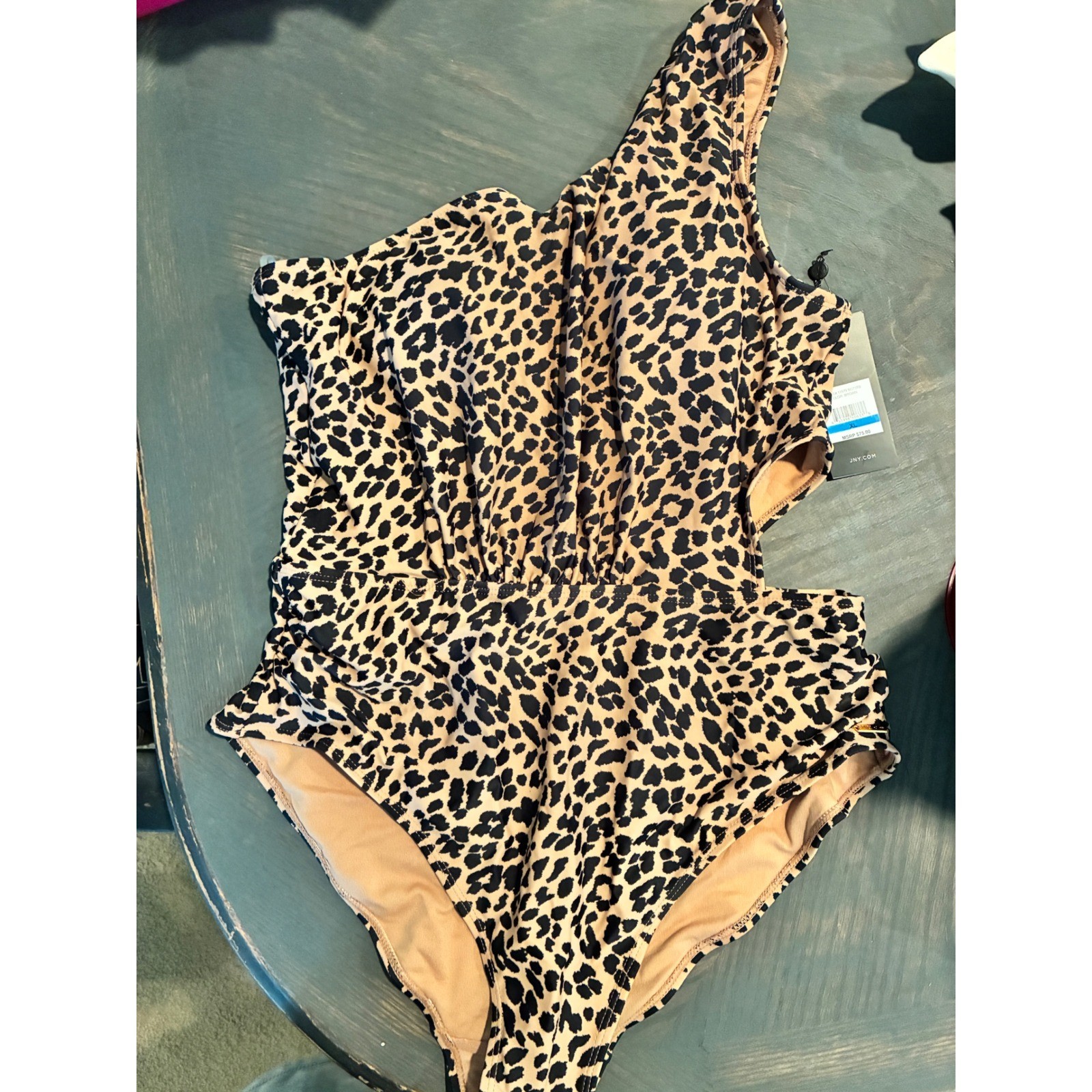 Jones New York One Shoulder Leopard Print Cutout Swimsuit Brown XL 11579-M373TB
