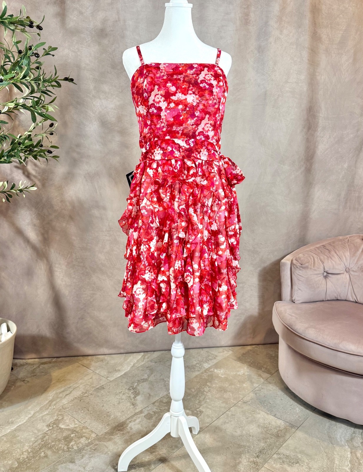 NWT White House Black Market Floral Waterfall Ruffle Chiffon Dress Pink Red Size