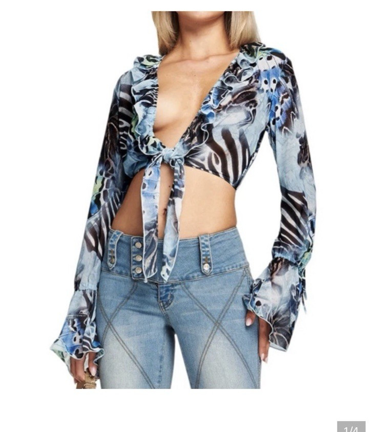 I.AM.GIA Odetta Blue Mesh Butterfly Print Top Size S