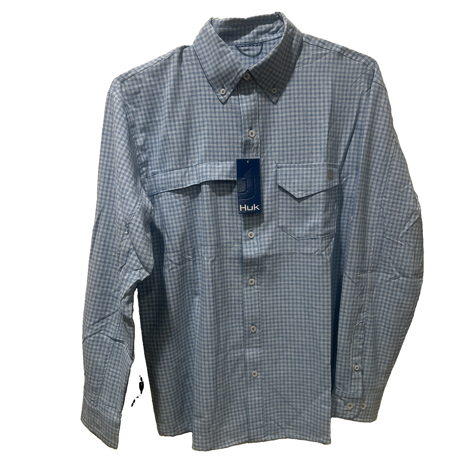 NEW Huk Tide Point Break Shirt Men Small Blue Minicheck Performance Long Sleeve