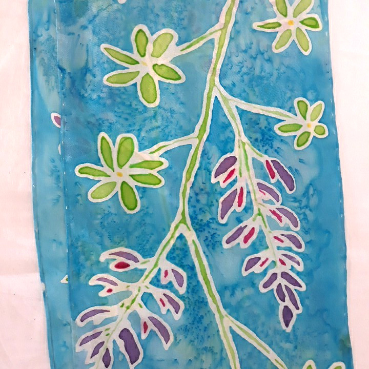 Hand Painted Batik Long Silk Scarf Turquoise Blue Floral 8×54 Rolled Hem