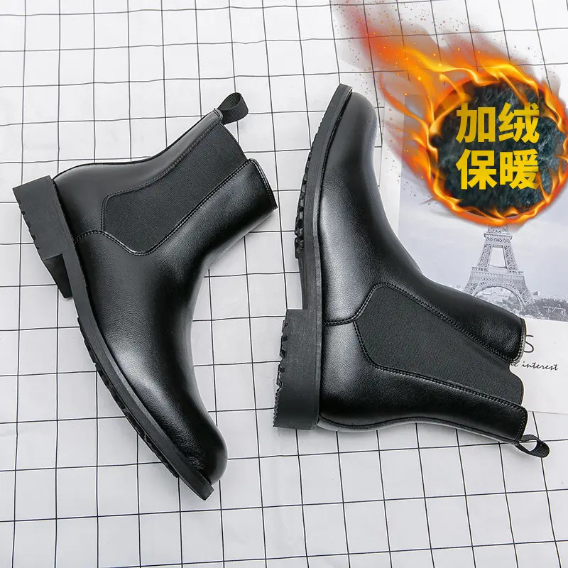 Mens Winter Warm Causal Ankle Boots Leather Formal Dress Shoes Pull On Low Heels