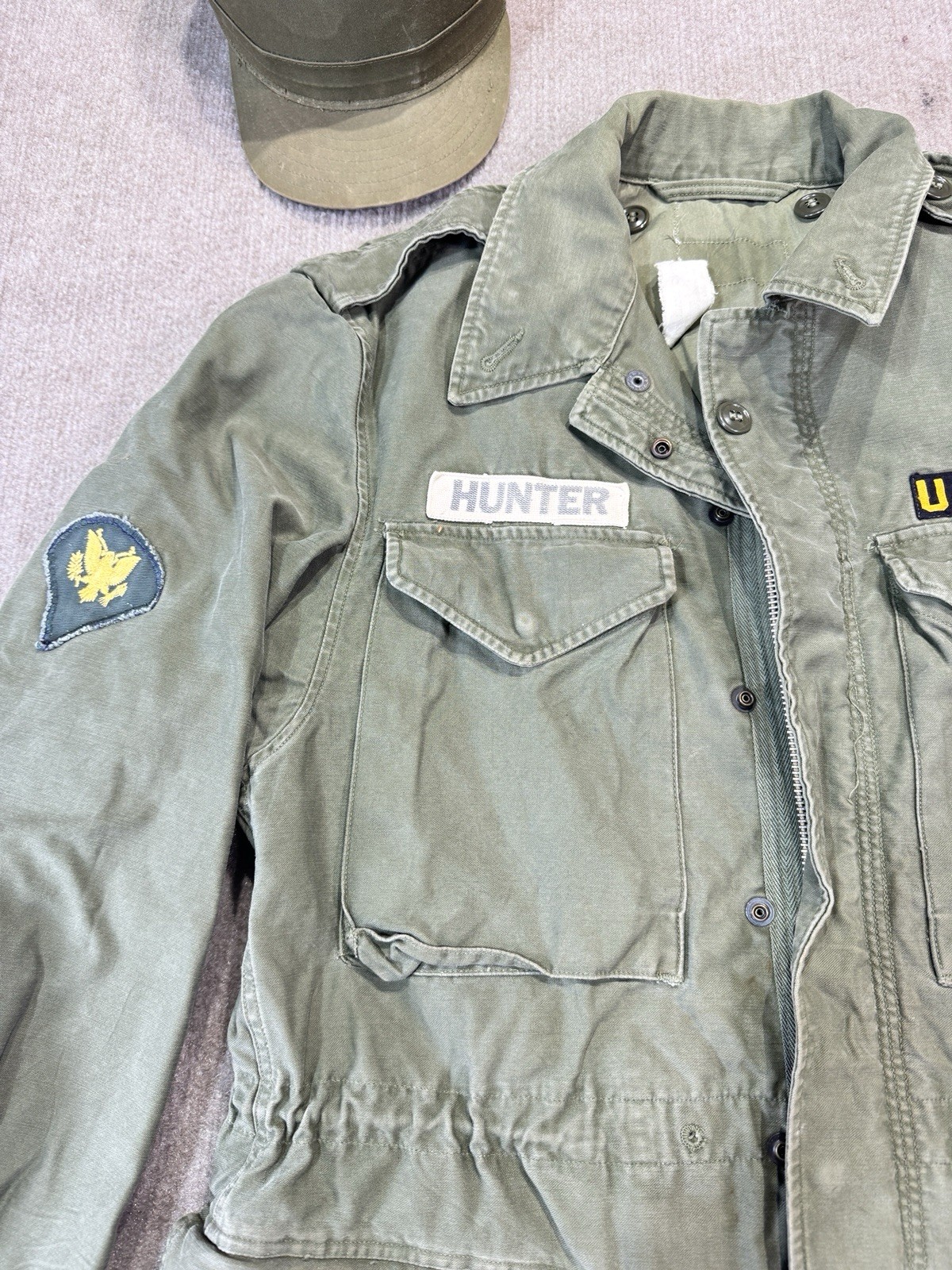 US ARMY M51 Korean War 1958 Field Jacket Vintage OG 107 Long Small Pent Mic Hat
