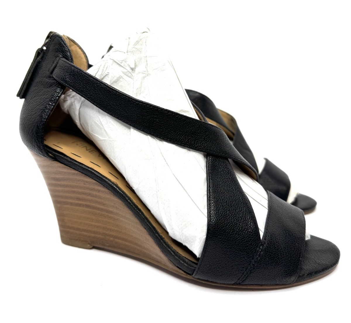 Nine West Women’s Black Leather Wedge Sandals Strappy Peep Toe Size 7M