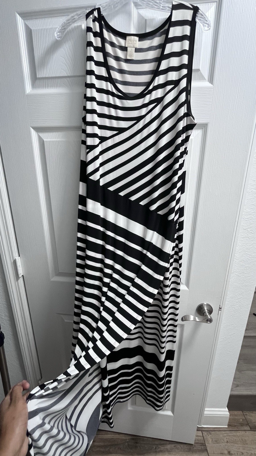Chico’s Women’s Black/White Striped Knit Stretch Scoop Neck Shift Midi Dress 2