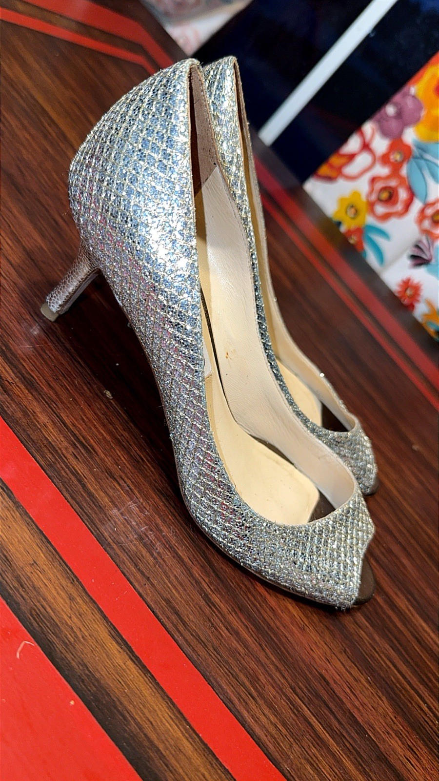 Jimmy Choo Silver Glitter Peep Toe Stiletto Pumps Women’s US 5.5