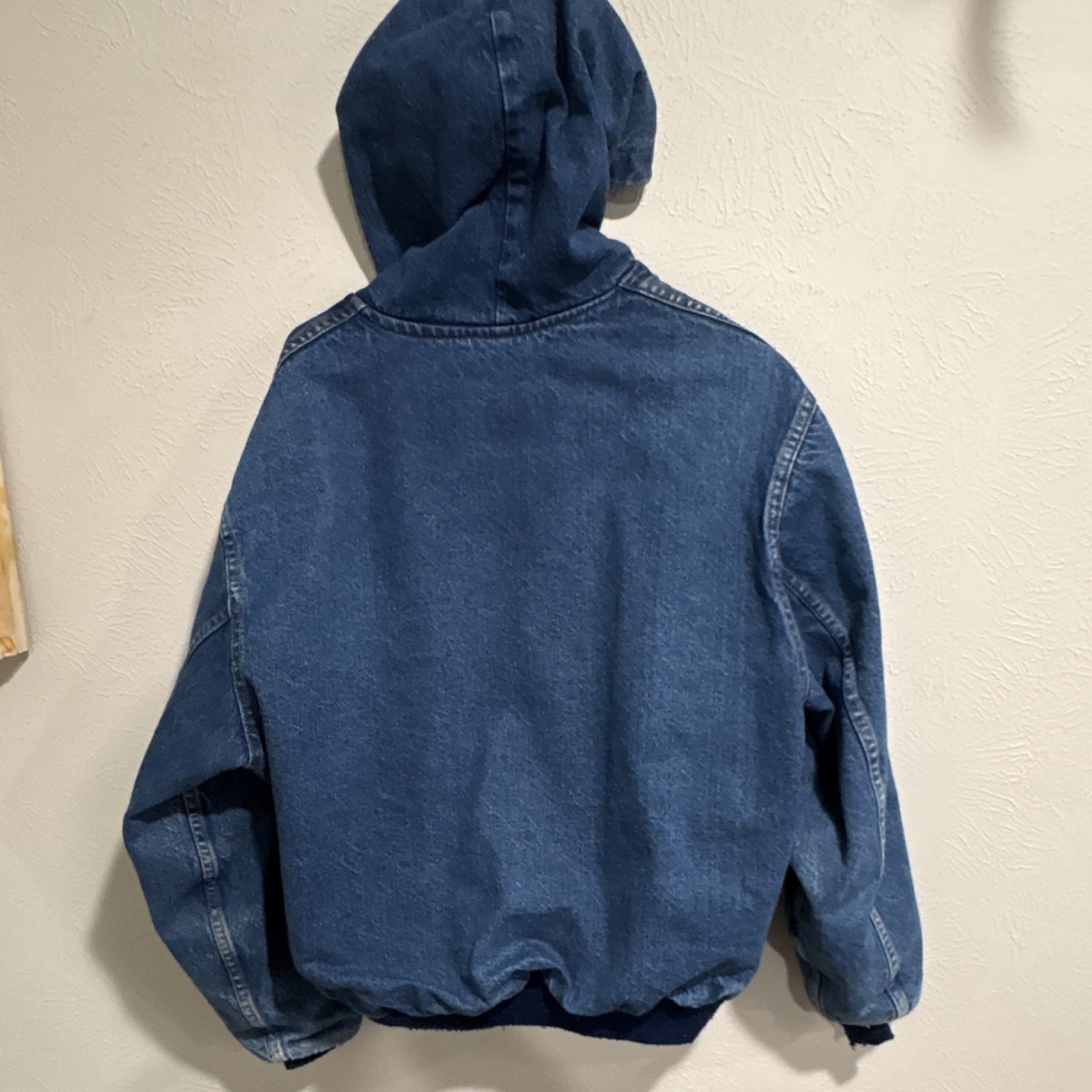 Vintage Carhartt 100 Years 1889-1989 1980s Blue Denim Hooded Jacket Plaid Lining