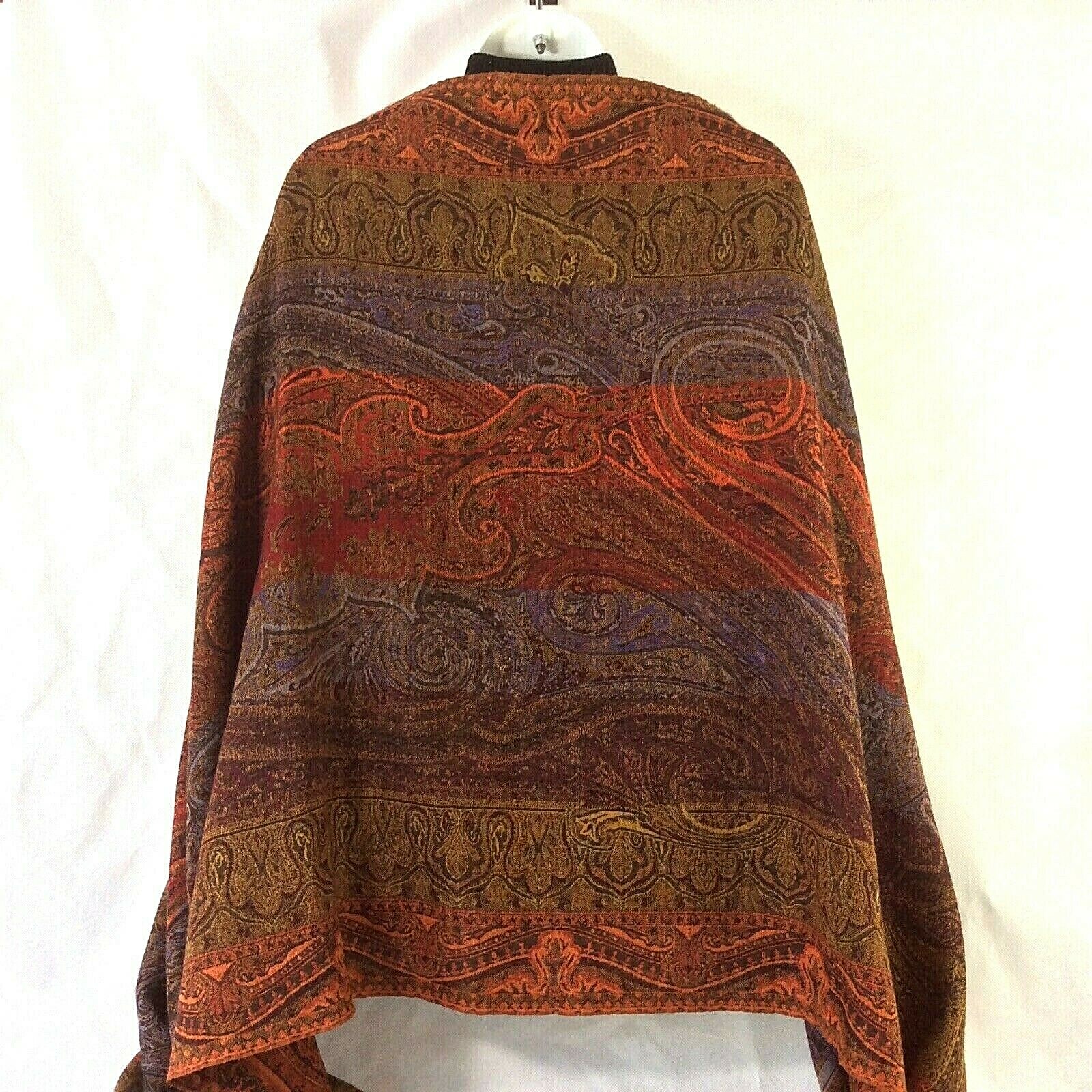 SCARF THROW WRAP RUNNER 100% WOOL 72″X28″ TASSELS PAISLEY DESIGN FABRIC TAG