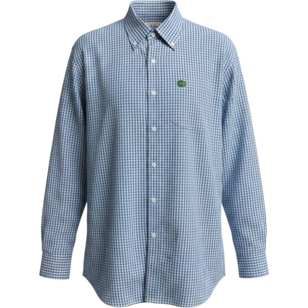 L.L. Bean Button Down Mens 17×36 Blue Gingham Wrinkle Free Oxford Shirt Preppy